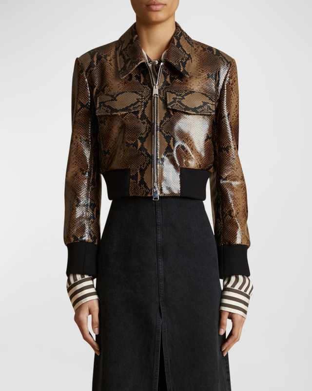 Hector Cropped Snake Print Leather Jacket